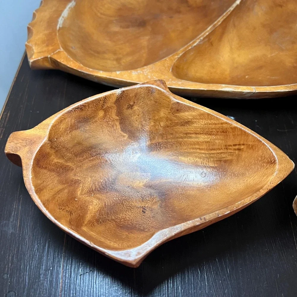 VTG Hand Carved Monkey Pod Wood Divided Serving Tray with 2 Leaf Snack Bowls mcm